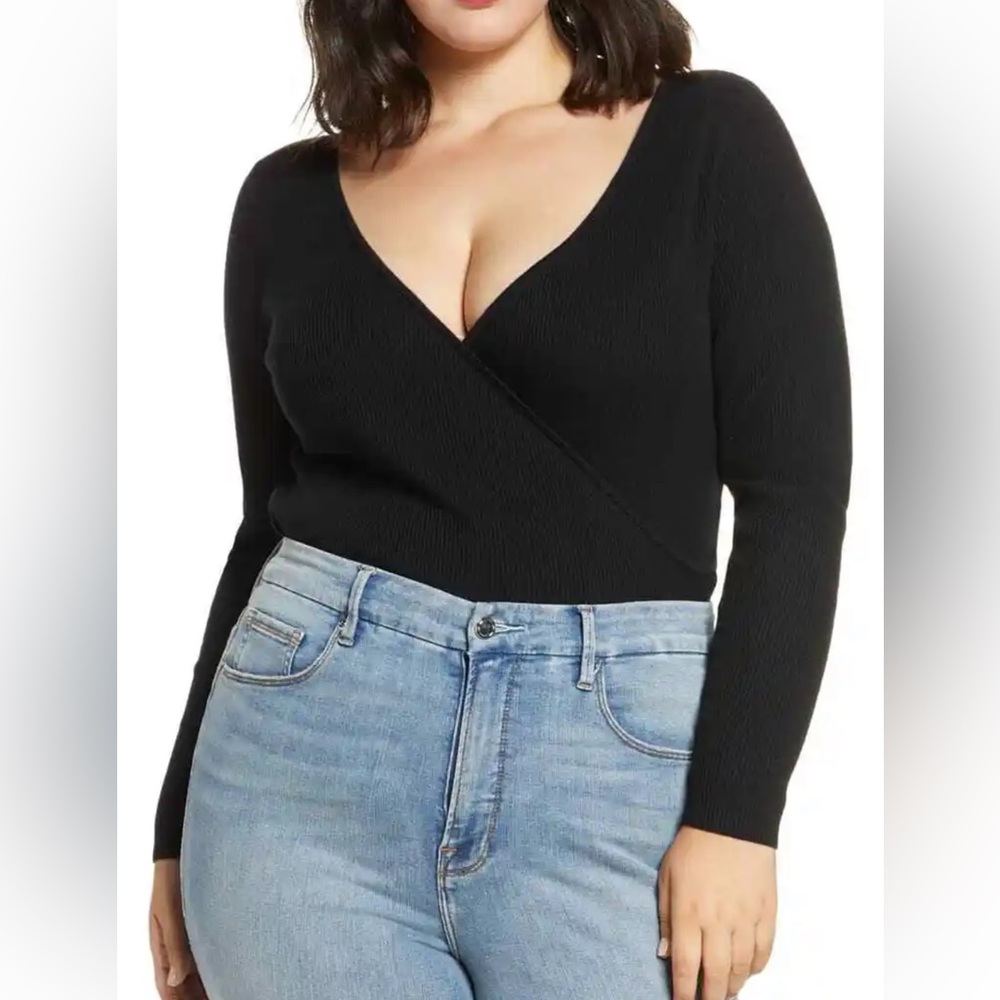 Leith Ribbed Wrap Front Sweater heather Black XL NWT